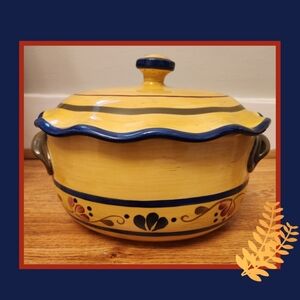 Home and Garden Party Ceramic Bean Pot, Tuscan Vibe, Yellow, Blue